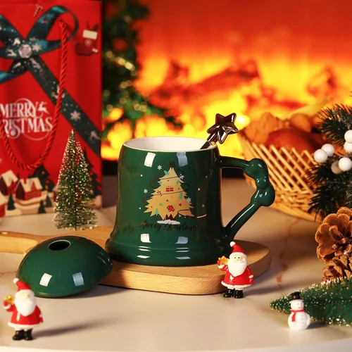 Miniatura 2 de Sliner Taza de Navidad de Cerámica Feliz Navidad Taza de Árbol de Navidad con Cuchara de Estrella y Tapa Taza de Santa para Regalos de Navidad