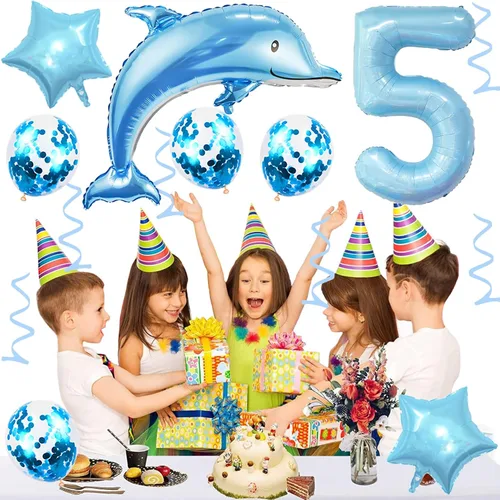 Miniatura 5 de Globos de cumpleaños de 5º delfín, globo gigante de papel de aluminio de delfín número 5, globos de Mylar de animales del océano para suministros