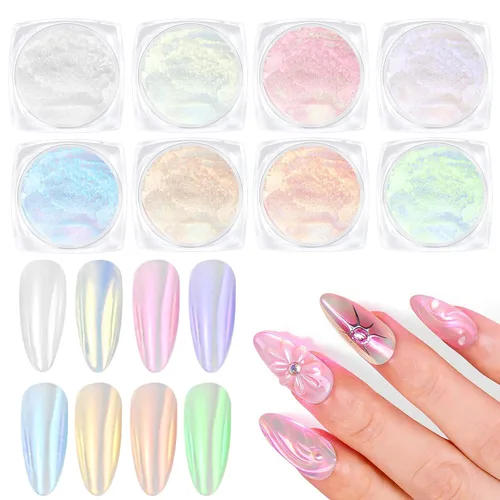 Miniatura 12 de Polvo de uñas cromado dorado LEDSUUEI Super Mirror Nail Glitter, polvo de metal Holo cromo para uñas, pigmento blanco aurora, dona vidriosa perla