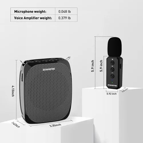 Miniatura 5 de ZOWEETEK Amplificador de Voz con Micrófono Inalámbrico de Solapa Lavalier para Maestros, Nuevo Sistema de Micrófono Personal 2025, Altavoz Portátil