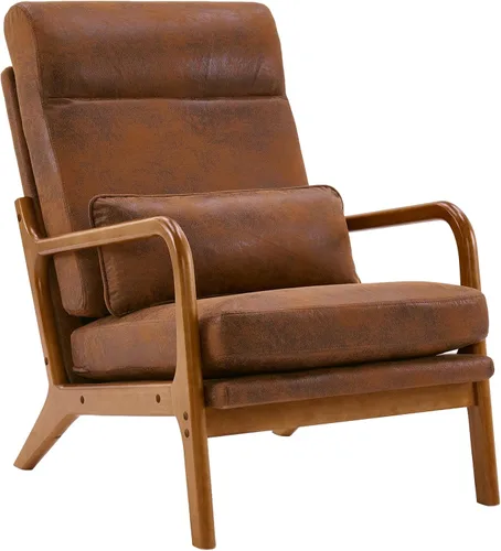 Miniatura 9 de SSLine Sillón tapizado moderno de tela de lino suave con almohada y marco de madera de roble, cómodo sofá individual con respaldo alto, silla