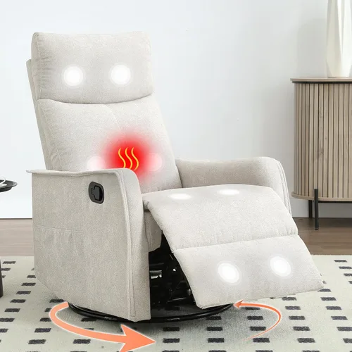 Miniatura 9 de Silla Reclinable Giratoria Manual con Balancín para Adultos, Sillón Reclinable Acolchado con Masaje y Calor, Silla Reclinable para Sala de Estar