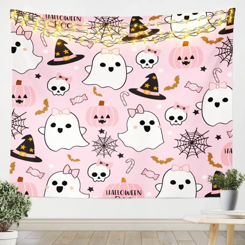 Miniatura 12 de Feelyou Halloween Wall Art for Bedroom Living Room Cartoon Ghost Tapestry Decoration for Kids Boys Girls Red Tapestry Wall Hanging Ghost Festival