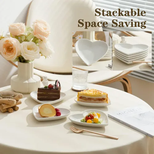 Miniatura 4 de Juego de 10 platos de porcelana de 6.3 pulgadas, platos pequeños en forma de corazón, platos blancos para ensalada de postre para pasteles