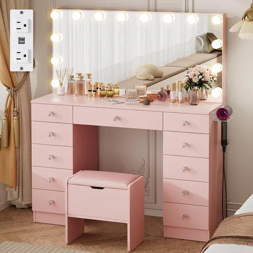 Miniatura 11 de VOWNER Tocador con espejo iluminado - Escritorio de maquillaje con luces y 11 cajones, 3 modos de iluminación de color con brillo ajustable