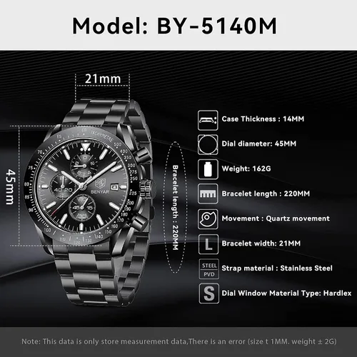 Miniatura 7 de BY BENYAR Relojes para hombre, cronógrafo, analógico, movimiento de cuarzo, elegante, deportivo, reloj de pulsera de diseñador 30M, impermeable