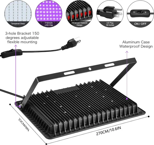 Miniatura 4 de XYCN Paquete de 2 luces LED negras de 200 W para exteriores, luz de inundación con enchufe, de 395 nm a 410 nm IP66 impermeable para fiesta