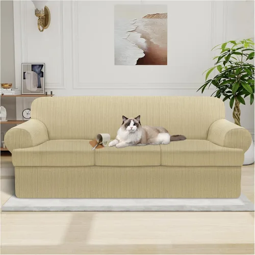 Miniatura 64 de Funda impermeable para silla con brazos, juego de 2 piezas, funda a rayas para 1 sofá separado con cojín en T, fundas de sillón de tela