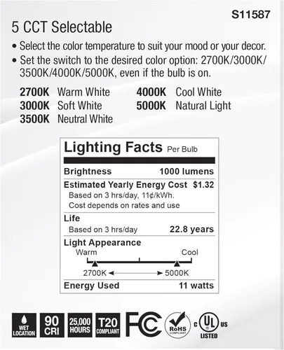 Miniatura 6 de Satco S11587 PAR30LN LED de 11 vatios con base media, acabado plateado, CCT seleccionable, ángulo de haz de 120 voltios y 60 grados (6 bombillas LED)
