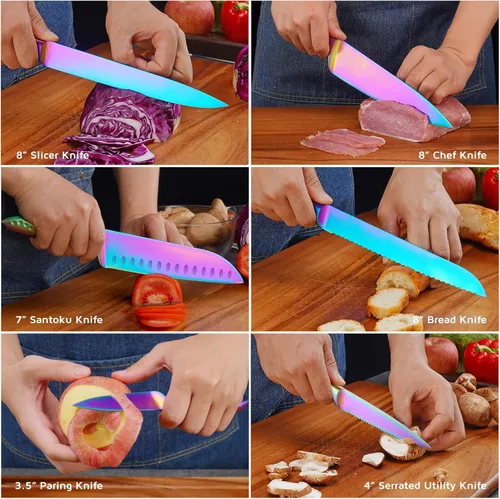 Miniatura 4 de WELLSTAR Rainbow - Juego de 7 cuchillos de cocina de acero inoxidable de alto carbono iridiscentes alemanes con bloque universal de cuchillos, Juego