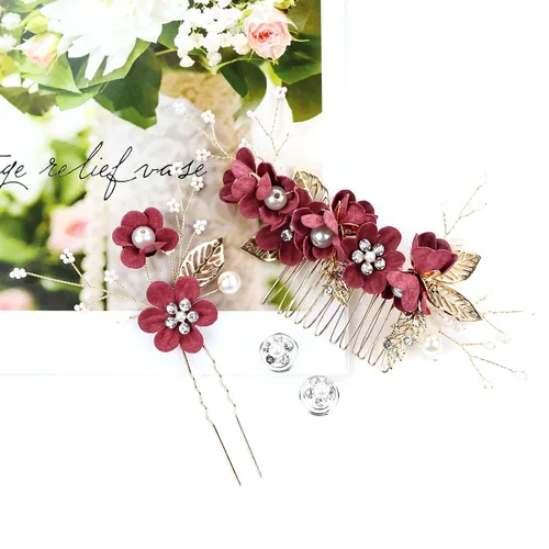 Miniatura 5 de Cinaci - 18 piezas de peines laterales para el pelo con diamantes de imitación y perlas en color burdeos para novias, para fiestas de boda, clips