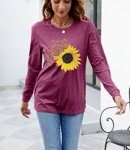 Miniatura 2 de Camiseta de otoño con estampado de girasol para mujer, diseño casual, holgada, manga larga, cuello redondo, túnica