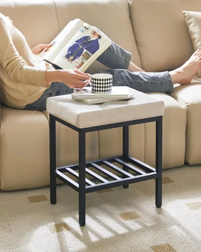 Miniatura 8 de IBUYKE Taburete de maquillaje rectangular con pies ajustables y espacio de almacenamiento, silla reposapiés, taburete de tocador de asiento de lino