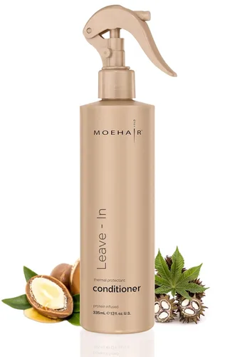 MOEHAIR Spray acondicionador sin enjuague para cabello encrespado | Fórmula desenredante e hidratante infundida con proteínas | Añade brillo | Sin