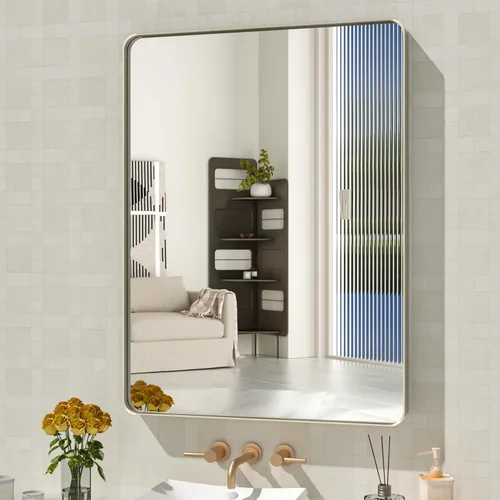 WEER - Espejo de baño de 28x36 pulgadas con marco de níquel cepillado, espejo con marco de metal plateado cepillado, espejo de tocador de baño