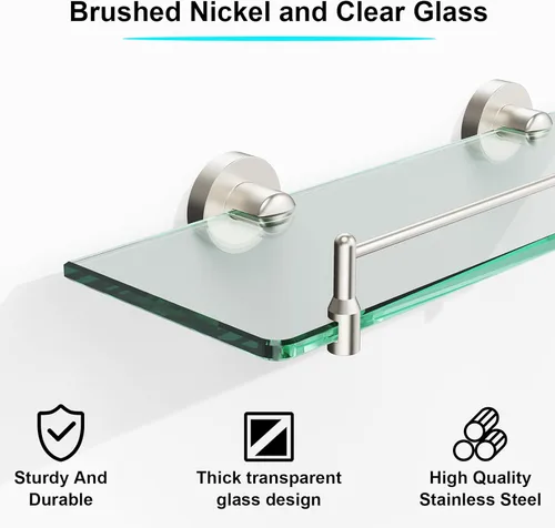 Miniatura 4 de Estantes de baño de vidrio, estantes flotantes de níquel cepillado para pared, rectangular, moderno, estante de vidrio de acero inoxidable