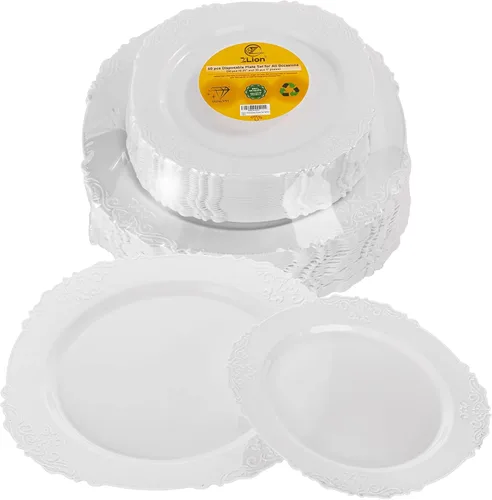 Zlion Juego de platos desechables blancos de 60 piezas, elegante vajilla de plástico para fiestas, bodas, cumpleaños y baby showers, incluye platos
