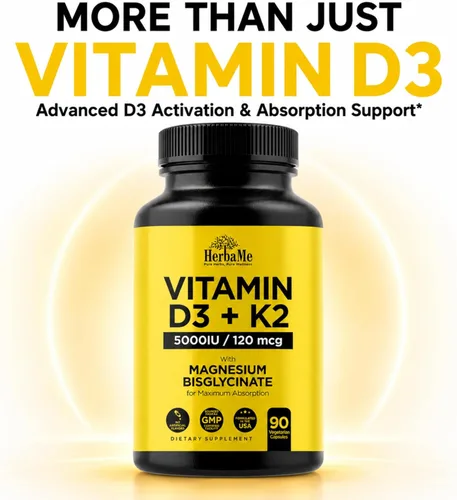 Miniatura 2 de HerbaMe Vitamina D3 5000 UI + K2 con bisglicinato de magnesio Fórmula completa de apoyo para la activación y absorción D3 Bienestar óseo