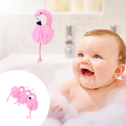Miniatura 5 de Beaupretty Bolas de baño de flamenco para niños, paquete de 3 esponjas de baño de dibujos animados, esponjas suaves para la ducha, masaje de piel