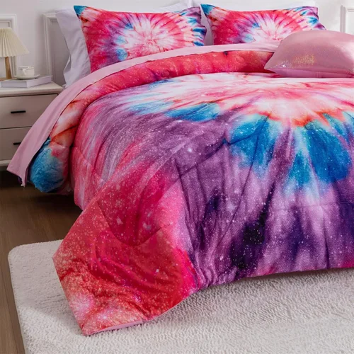 Miniatura 5 de A Nice Night Juego de ropa de cama de 6 piezas en una bolsa Juego de edredón Tie Dye Galaxy para niños, patrón de espiral psicodélico colorido Rosa
