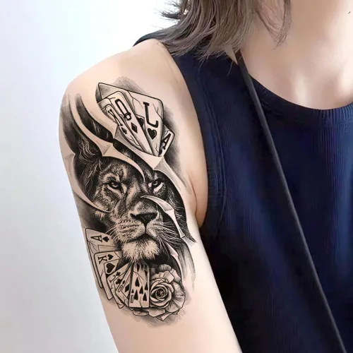 Miniatura 4 de 8 hojas de tatuajes temporales de león, lobo, tigre, para hombres y adultos, brújula de vida silvestre realista, calcomanías falsas de tatuaje