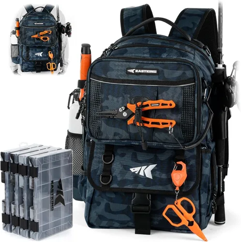 Miniatura 11 de KastKing BaitSpace 50L Mochila para equipo de pesca con encuadernador de cebo removible, 2 soportes para cañas, almacenamiento para equipo y H