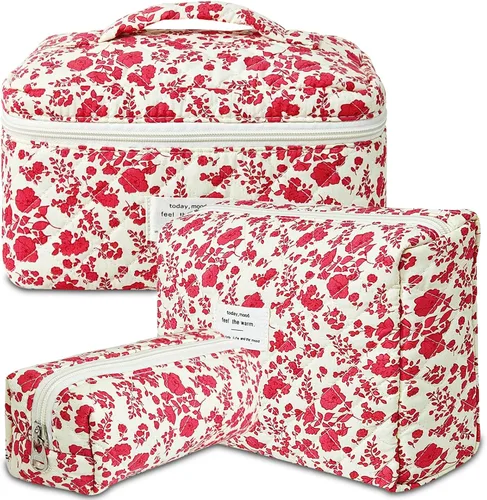 Miniatura 14 de GISMTR 3 Bolsas de Maquillaje Acolchadas de Algodón Grandes de Viaje Bolsa de Cosméticos Bolsa de Maquillaje Coqueta Bonita Bolsa de Tocador Floral