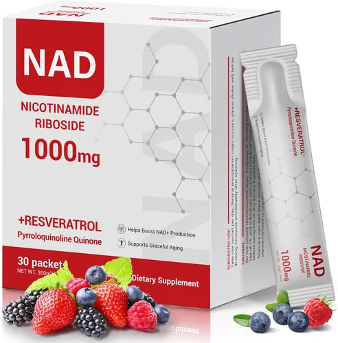 Suplemento NAD+ de 1000 mg – Paquetes de palitos líquidos NAD con nicotinamida, resveratrol, PQQ y quercetina – Sabor a bayas – Apoya la energía