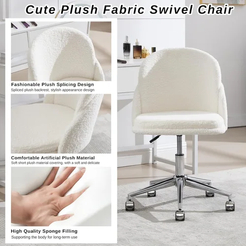 Miniatura 4 de Silla de escritorio de piel sintética, cómoda silla de maquillaje de felpa, moderna silla giratoria tapizada esponjosa con ruedas, base de metal