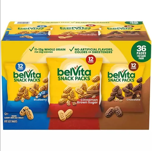 BelVita Paquete variado de galletas de desayuno | 3 sabores naturales - 12 paquetes de chocolate, 12 paquetes de canela marrón y 12 paquetes de