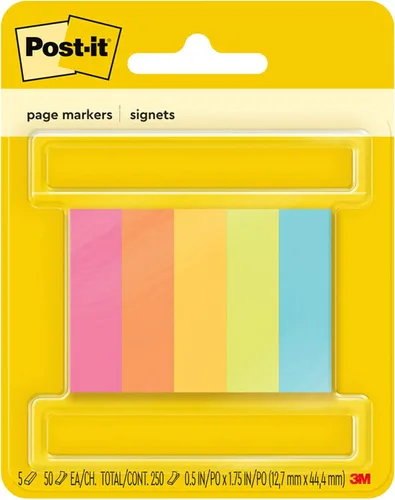 Post-it 670-5 AF Marcadores de página, 12" x 1-34", varios colores brillantes, 250 por paquete