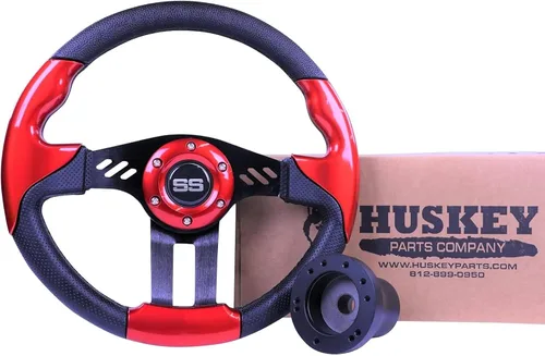 Huskey E-Z-GO - Volante rojo con radios cepillados, agarre de textura de fibra de carbono, adaptador de cubo negro mate para medallista TXT RXV