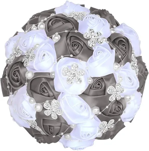Miniatura 43 de Sharebeauty Ramo de novia de satén hecho a mano de 5.9 pulgadas, ramo de boda, ramo de flores artificiales, color azul claro + blanco W224