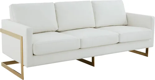 Miniatura 11 de LeisureMod Lincoln - Sofá de cuero moderno de mediados de siglo de 83 pulgadas, sofá tapizado de 3 asientos con marco de metal dorado, muebles