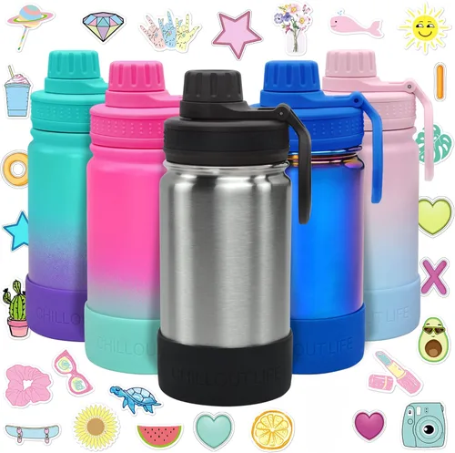 Miniatura 36 de CHILLOUT LIFE Botella de agua aislada para niños de 12 onzas para la escuela con tapa de boquilla a prueba de fugas y bonitas calcomanías Azul