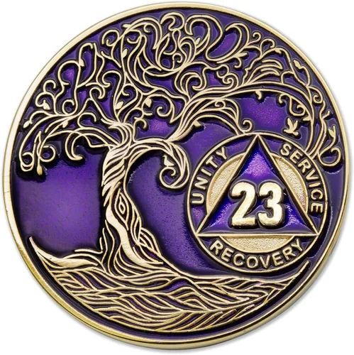 Miniatura 46 de 20 Year Sobriety Mint Twisted Tree of Life - Medallón de recuperación AA chapado en oro, fichas y fichas, color negro