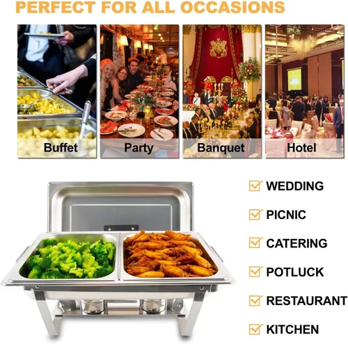 Miniatura 8 de Festa Essential Juego de 4 Platos de Roce para Buffet de Acero Inoxidable 5 QT Redondos y 8 QT Rectangulares, Calentadores de Alimentos con Bandeja
