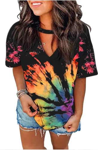 Camisetas sexys con cuello en V para mujer, blusa ahuecada de teñido anudado, blusa de verano, holgada, casual, camiseta gráfica de música country