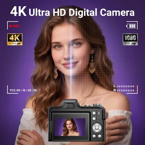 Miniatura 3 de Cámara digital, FHD 4K Cámara digital de apuntar y disparar con zoom de 16X antivibración, cámara pequeña compacta de 48 MP con tarjeta de 32 GB