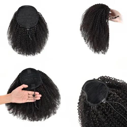 Miniatura 10 de Cola de caballo de cabello humano afro para mujeres negras, con cordón, 150 % de densidad, cabello virgen rizado 10A, extensiones de cabello 4C