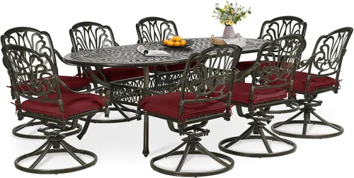 Miniatura 16 de Juego de comedor de patio de 9 piezas, mesa y sillas de patio al aire libre, mesa de comedor ovalada de aluminio fundido de 84 pulgadas con agujero