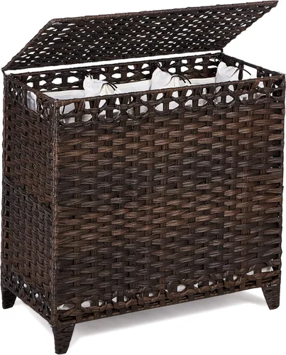 Cesta para ropa sucia con 3 bolsas de forro extraíbles; cesta de lavandería de ratán tejida a mano de 132L con tapa y pies elevados; cesta de ropa