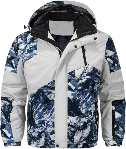 Miniatura 8 de FTIMILD Chaqueta de esquí impermeable para hombre de invierno, forro polar de alta visibilidad con capucha acolchada y diseño de patchwork