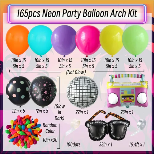 Miniatura 2 de Decoraciones de fiesta con temática musical de neón, 165 globos que brillan en la oscuridad con gafas de radio de bola de discoteca retro, globos