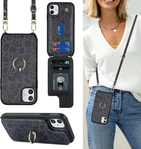 Miniatura 37 de Lipvina para iPhone 11 Pro Funda para teléfono con tarjetero y correa para mujeres, cordón cruzado, soporte de anillo con patas, cierre de presión