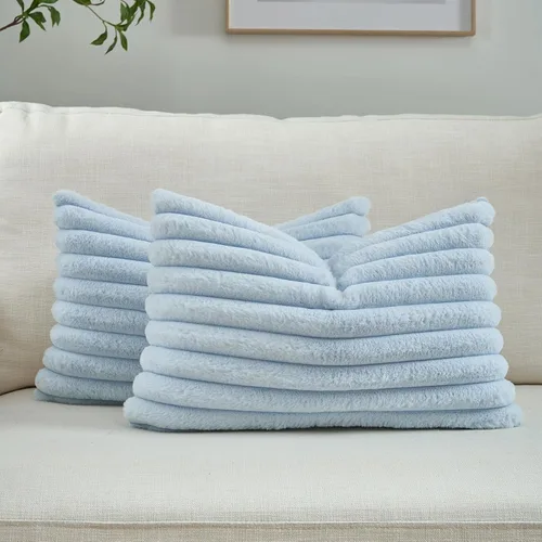 Miniatura 35 de FUTEI - Juego de 2 fundas de almohada decorativas con rayas, cuadradas, para invierno, piel sintética de conejo suave y acogedora y respaldo