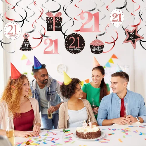 Miniatura 7 de Blulu Decoraciones de fiesta de cumpleaños número 21, pancartas de cumpleaños número 21, remolinos colgantes de oro rosa, decoraciones de techo