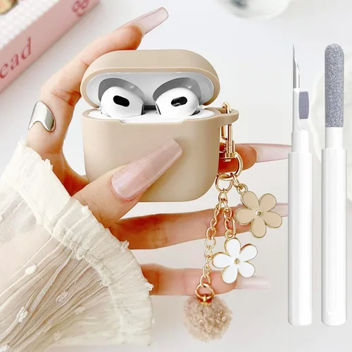 Miniatura 13 de Bonita funda negra para Airpods de 2ª/1ª generación para niñas y mujeres, con llavero de pompón de flores y kit de limpieza, funda protectora tipo