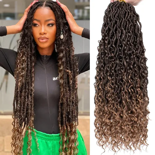 Miniatura 10 de COOKOO 14 pulgadas, 8 piezas de cabello de ganchillo Goddess Locs en total 112 hebras de pelo sintético negro natural de ganchillo de río hippie