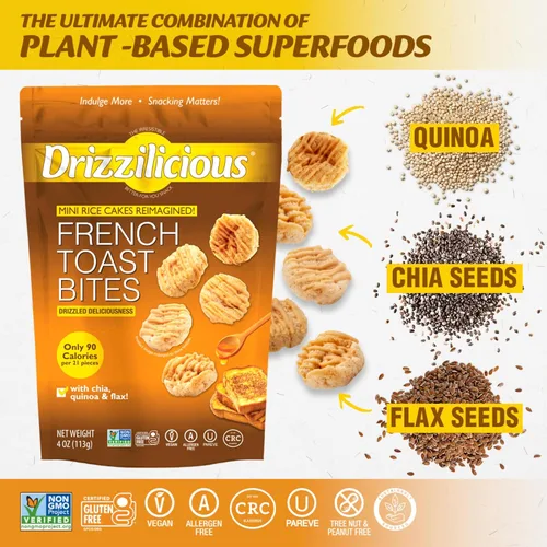Miniatura 3 de Drizzilicious Mini Tortas de Arroz Sabor Tostada Francesa – Crisps de arroz, aperitivo saludable para adultos y niños, tortas de arroz saborizadas